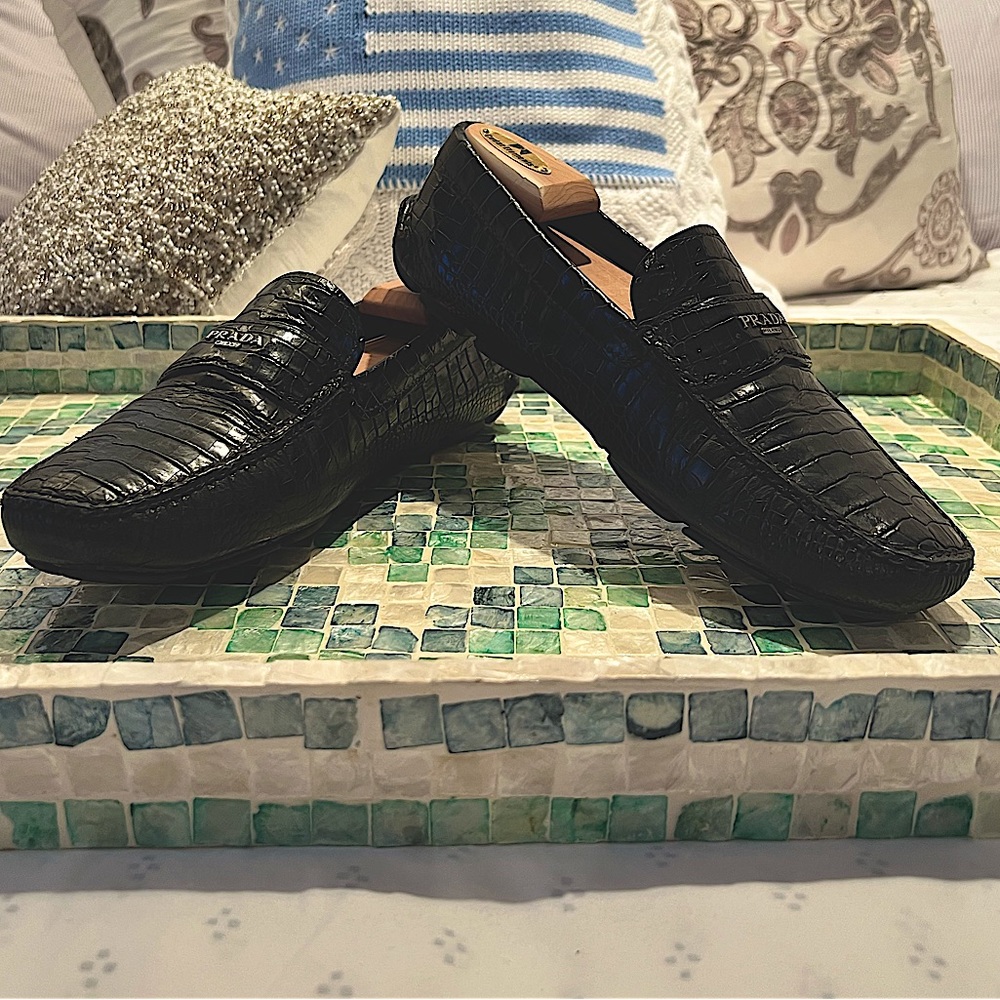 PRADA USA Men’s Collection, Croc-Stamp Calf Leather Drivers, Black w/Silver HW
